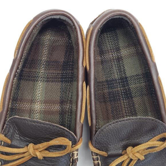 LL Bean Mens Double Sole Slippers 10M Brown Leather Flannel Moccasins Loafers - Picture 4 of 8